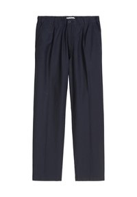 Marineblauwe broek van lichtgewicht stof met een elastische tailleband, zijzakken en rechte pijpen. Eenvoudig ontwerp, geen zichtbare patronen.