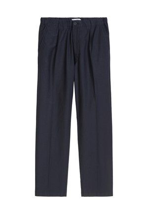 Navy blue trousers made of lightweight fabric with an elastic waistband, front pockets, and straight legs. Simple design, no visible patterns.