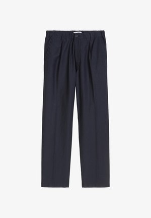 Marineblaue Hose aus leichtem Stoff mit elastischem Bund, frontalen Taschen und geraden Beinen. Einfaches Design, keine sichtbaren Muster.