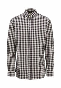 Camicia a maniche lunghe con un motivo a scacchi bianco e nero, dotata di colletto e taschino sul petto. Realizzata in tessuto intrecciato.