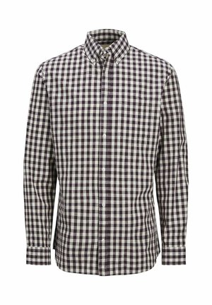 Camicia a maniche lunghe con un motivo a scacchi bianco e nero, dotata di colletto e taschino sul petto. Realizzata in tessuto intrecciato.