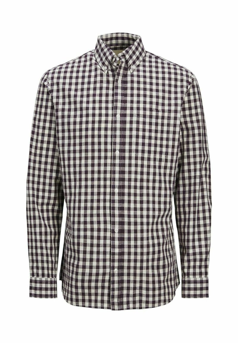 Camicia a maniche lunghe con un motivo a scacchi bianco e nero, dotata di colletto e taschino sul petto. Realizzata in tessuto intrecciato.