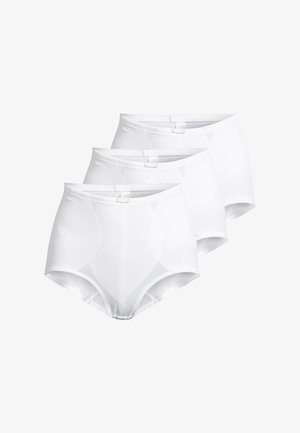 Trois culottes blanches unies pour femmes, taille haute, empilées en diagonale sur un fond blanc.