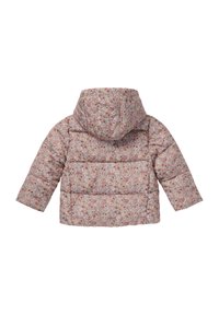 Polstret rosa jacka med blommönster i nyanser av röd, orange och grön. Inkluderar huva och långa ärmar, quiltad design.