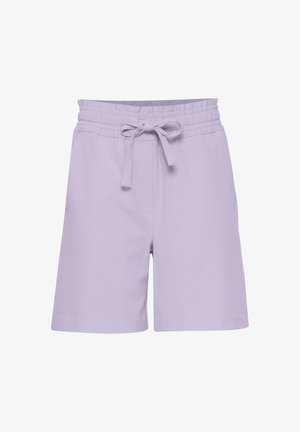 Heledad lavendlivärvilised lühikesed püksid, millel on veniv vöökoht, tõmbluku sõlm ja küljetaskud, silmapaistva sujuva kangaga ja mugava lõikega.