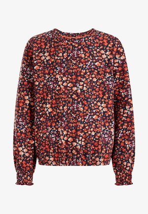 Długi rękaw z kwiatowym wzorem, granatowe tło z pomarańczowymi i białymi kwiatami, okrągły dekolt, zbierane mankiety, teksturowany materiał.