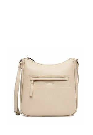 Béžová kožená kabelka přes rameno s nastavitelným popruhem, přední kapsou na zip a vyraženým logem "LASOCKI" pod kapsou.