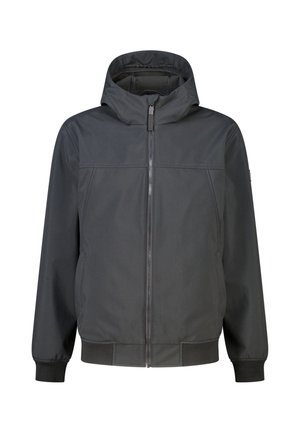 Veste noire à capuche zippée avec manches longues, poignets et ourlet côtelés, vue de face sur fond blanc.