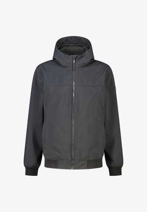 Zwarte zip-up capuchonjas met lange mouwen en geribde boorden en zoom, van voren weergegeven op een witte achtergrond.