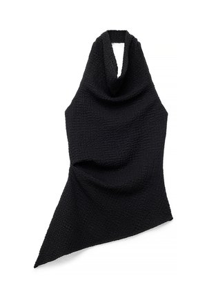 Must tekstuuriga halterneck-top, millel on kaeluse piirkonnas satsid ning asümmeetriline serv, paigutatud valgele taustale.