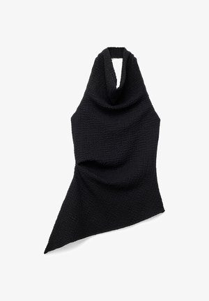 Haut noir texturé à col bénitier et ourlet asymétrique, posé à plat sur un fond blanc.