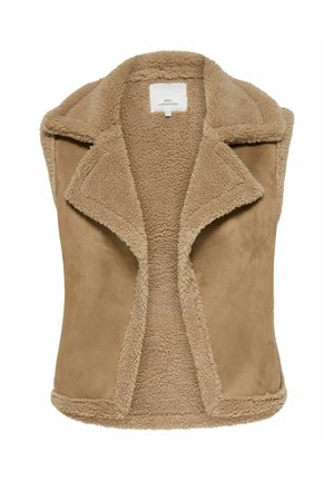 Veste sans manches beige avec doublure polaire douce et texturée et large col, fabriquée en matériau semblable au daim sur les côtés extérieurs.