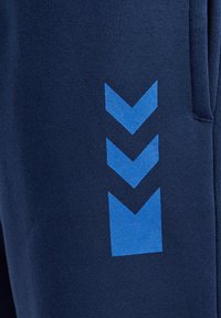 Mörkblå sweatshirtbyxor med ett slätt, strukturerat tyg och en framträdande blå chevrongrafik på sidan.