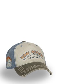 Gorra con tela beige y detalles en azul, acabado desgastado, texto bordado "VON DUTCH KUSTOM" y diseño de llamas en el lateral.