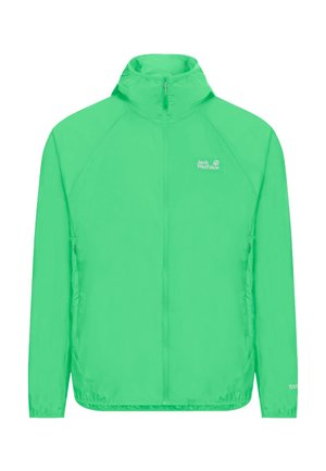 Grüne leichte Jacke mit hohem Kragen, durchgehendem Reißverschluss und Raglanärmeln. Auffälliges Logo auf der linken Brustseite und elastische Bündchen an den Ärmeln.