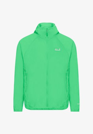 Grüne leichte Jacke mit hohem Kragen, durchgehendem Reißverschluss und Raglanärmeln. Auffälliges Logo auf der linken Brustseite und elastische Bündchen an den Ärmeln.