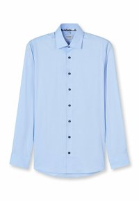 Light blue long-sleeve shirt made of smooth fabric; features a pointed collar and dark blue buttons along the front. Hem is curved.