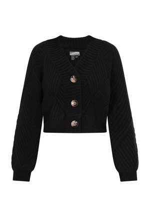 Črn skrajšan kardigan z teksturiranim vzorcem, z V-izrezom, štirimi velikimi gumbi in žametnimi manšetami. Narejen iz pletenega materiala.
