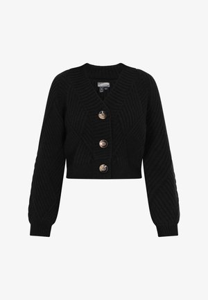 Črn skrajšan kardigan z teksturiranim vzorcem, z V-izrezom, štirimi velikimi gumbi in žametnimi manšetami. Narejen iz pletenega materiala.