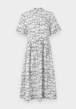 Witte midi-jurk met korte mouwen, zwarte abstracte geometrische lijnen, een knopenrij aan de voorkant, een kraag en een tailleceintuur.