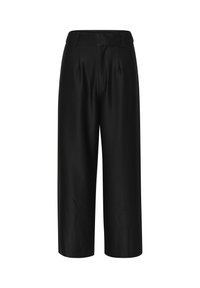 Black, high-waisted culottes made from a smooth fabric, featuring pleats at the front, wide legs, and a sleek finish.
