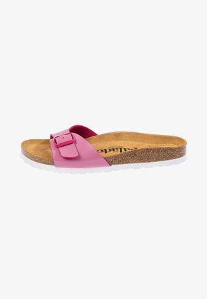 Pink slide sandal med en bred rem, justerbar spænded, korksål og hvid gummisål. Glat overmateriale og fodseng i sueded lignende materiale.