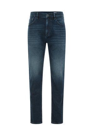 Donkerblauwe denim jeans met een rechte snit, vijf zakken en een knoopsluiting. Subtiele vervaging en whiskering details op de stof.