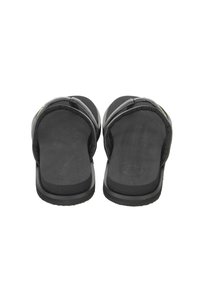 Black flip-flops with textured rubber soles and fabric straps. Features a simple design with a small logo on the strap.