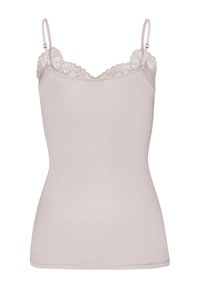 Light beige tank top with ribbed texture, lace trim along the neckline, and adjustable spaghetti straps.