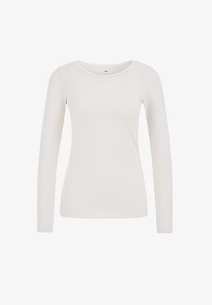 Halenka s dlouhým rukávem z jemné bílé tkaniny, se zaobleným výstřihem a přiléhavým střihem. Hladký povrch s minimem švů.