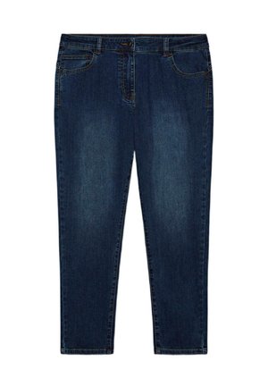 Dunkelblaue Jeans aus Denim mit geradem Schnitt, fünf Taschen, Gürtelschlaufen und kontrastierenden Nähten. Der Stoff wirkt weich und strapazierfähig.