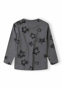 Dunkelgrau, langärmliges Shirt mit schwarz abgenutzten Sternmustern, die über den Stoff verteilt sind, von hinten gezeigt.