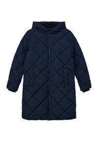 Piumino trapuntato blu navy con cappuccio, caratterizzato da una zip frontale, due tasche laterali e una texture a rombi.