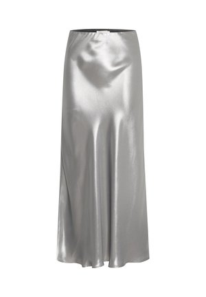 Silver satin midi skirt with a smooth, glossy texture and a straight silhouette. Features an elastic waistband for comfort.