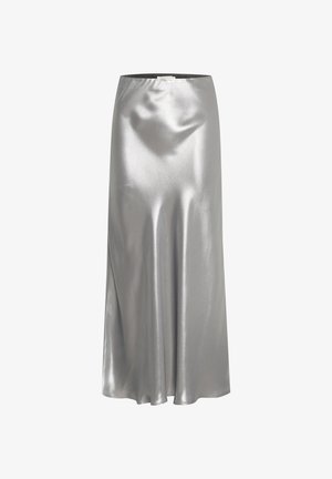 Strieborná saténová midi sukňa s hladkou, lesklou textúrou a priamym siluetou. Obsahuje elastický pás pre pohodlie.