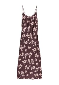 Abito senza maniche in tessuto bordeaux scuro con stampa floreale in rosa chiaro. Presenta spalline sottili e una vestibilità rilassata, che arriva sopra al ginocchio.