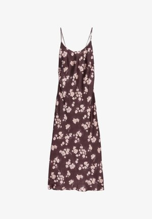 Ermløs kjole i dyb burgunder stof med et blomsterprint i lys pink. Har tynde stropper og en afslappet pasform, der falder over knæet.