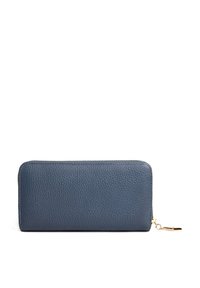 Portafoglio in pelle blu navy, con finitura testurizzata, chiusura con zip e un accento in metallo dorato sulla linguetta della zip.