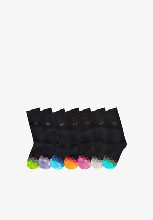 Set aus schwarzen Socken mit farbigen geometrischen Zehenmustern in Grün, Blau, Lila, Orange, Pink und Grau, mit dem Markenlogo am Bund.