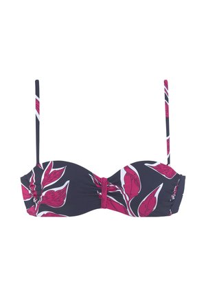 Navy blue bandeau bikini top with thin adjustable straps and large pink and white leaf pattern.