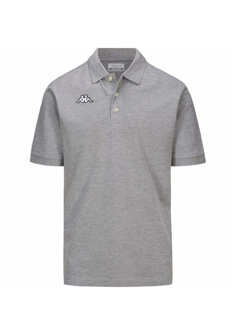 Polo grigio realizzato in cotone, dotato di colletto classico, patta con tre bottoni, maniche corte e logo ricamato sul petto.