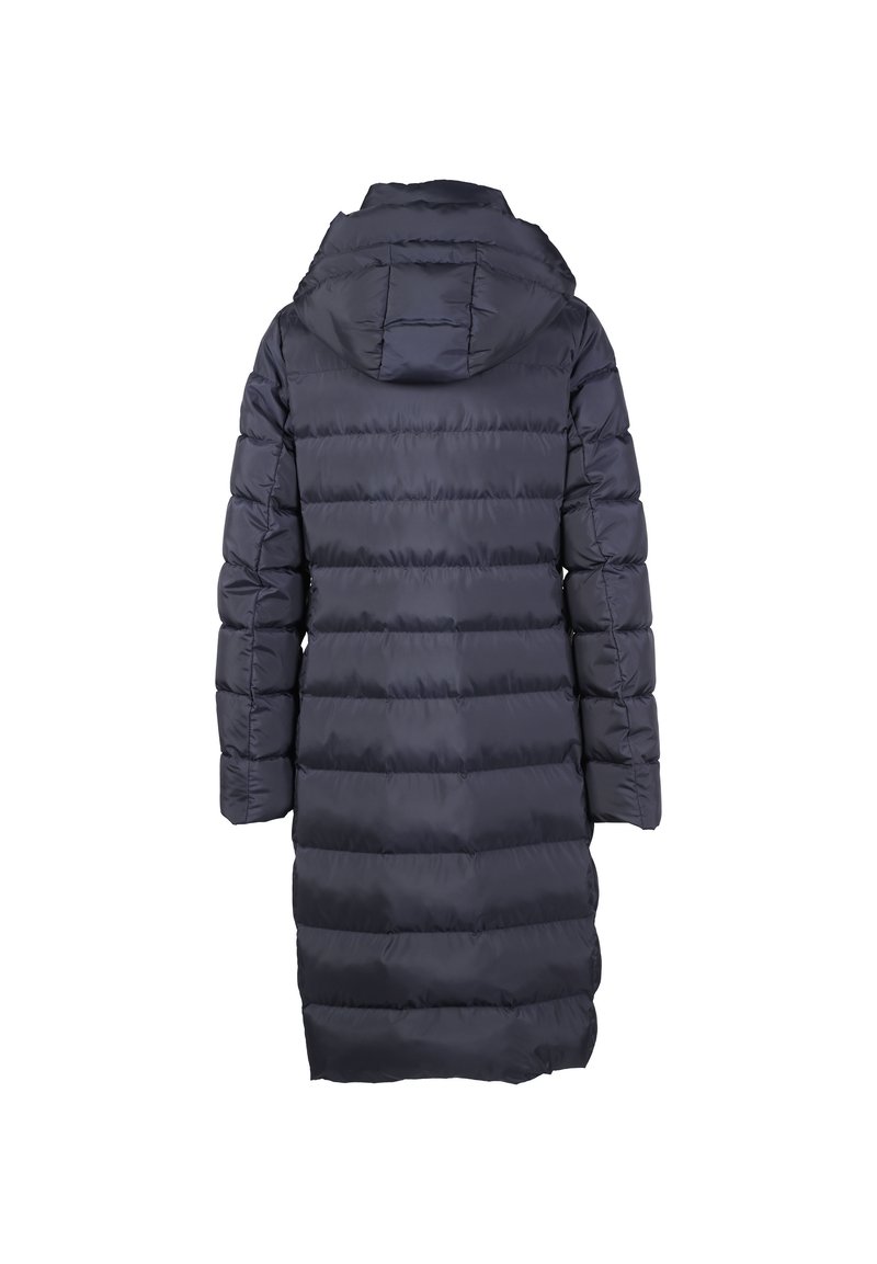Marineblaue Steppjacke mit Kapuze, die ein gestepptes Design, lange Ärmel und einen mittellangen Schnitt aufweist. Glatte, glänzende Textur, keine sichtbaren Beschläge.