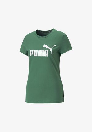 Zielony bawełniany T-shirt z krótkimi rękawami, z dużym białym logo "PUMA" i grafiką skaczącego pumy na przodzie. Okrągły dekolt.