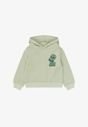 Sweat à capuche vert clair pour tout-petit avec capuche, poignets côtelés et un petit motif en forme de canette vert foncé avec le texte « Fizzy Inside » sur la poitrine.