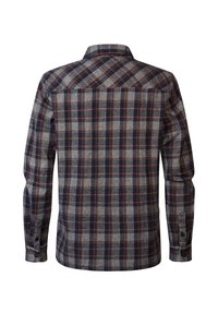 Heren langesleeve geruite blouse met een navy, grijs en roestkleurig kleurenschema, knoopmanchetten en een gestructureerde kraag met een schouderpasdetail.