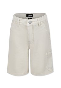 Shorts in denim beige con chiusura a bottone, passanti per la cintura, tasche frontali e una tasca laterale. Tessuto testurizzato con dettagli di cucitura discreti.