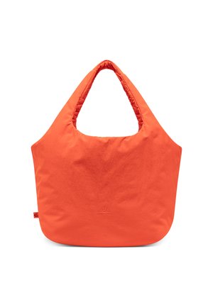 Svetlo oranžová mäkká látková taška s širokým polstrovaným uchom a jemným centrálnym logom na prednej strane.