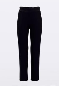 Crne, uske hlače glatke teksture s elastičnim remenom; ravni kroj nogavica bez vidljivih džepova ili ukrasa.