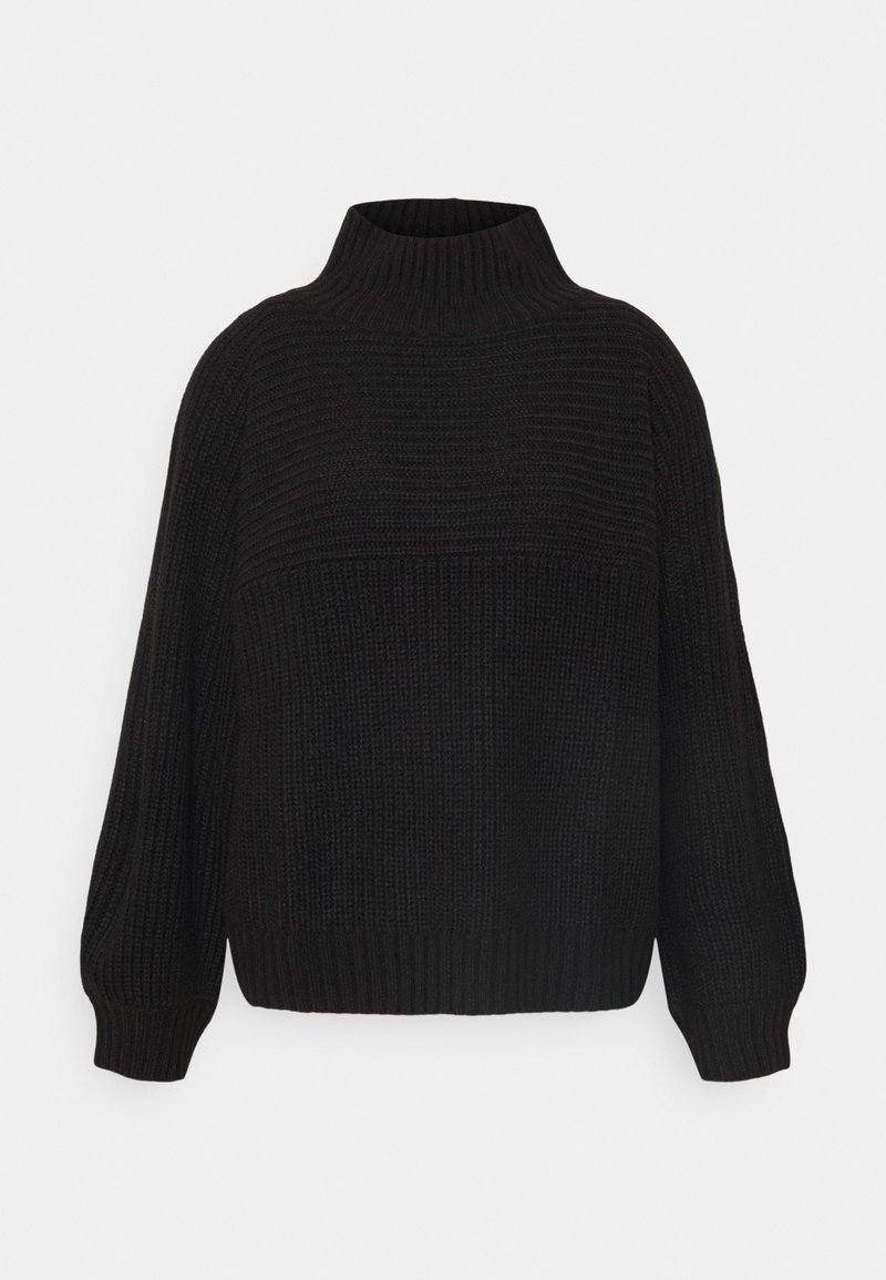 Pull en maille épaisse noire avec col roulé côtelé haut, manches ballon longues, poignets et ourlet côtelés.