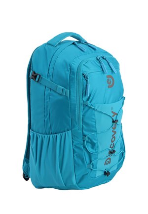 Blauer Discovery-Rucksack mit mehreren Reißverschlusstaschen, Seitentaschen, verstellbaren Riemen und elastischem Kordelzug an der Vorderseite.